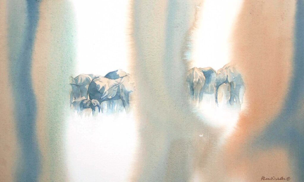 A herd of elephants are glimpsed through watercolor washes. Painted in blues, browns and greens, in watercolor, by Alison Nicholls.