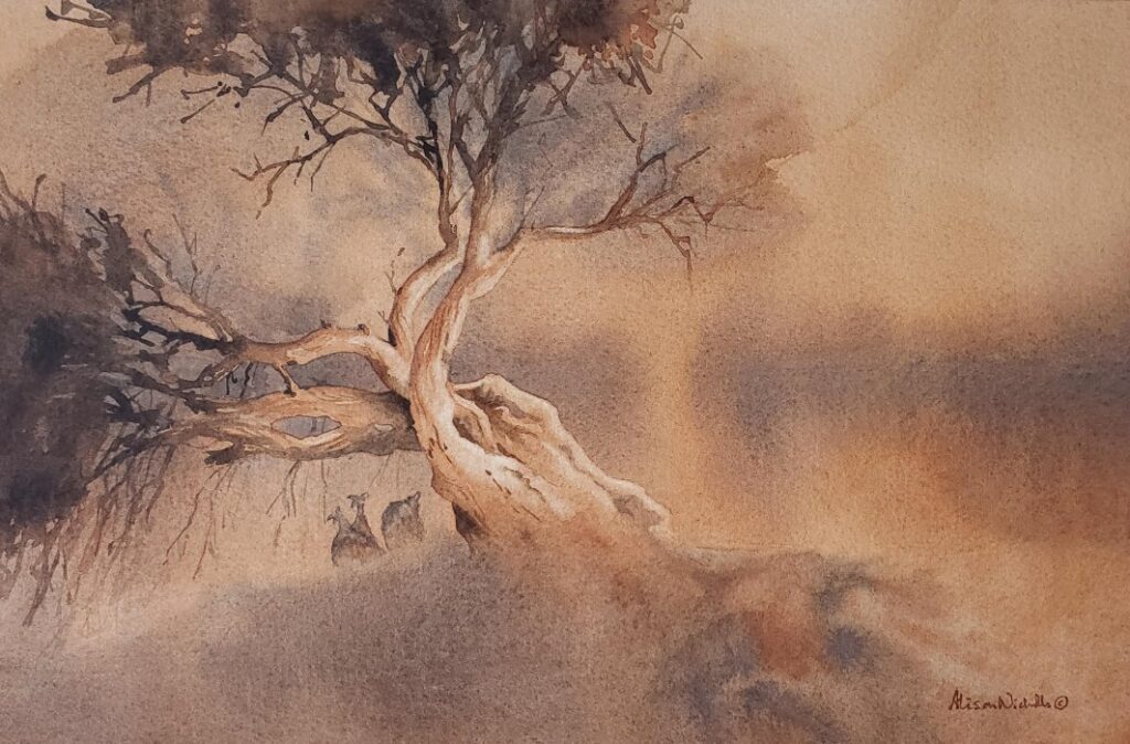 An old knarled Shepherd's Tree leans at a precarious angle and guineafowl take shelter under its trunk. Painted in browns in watercolor watercolour by Alison Nicholls.