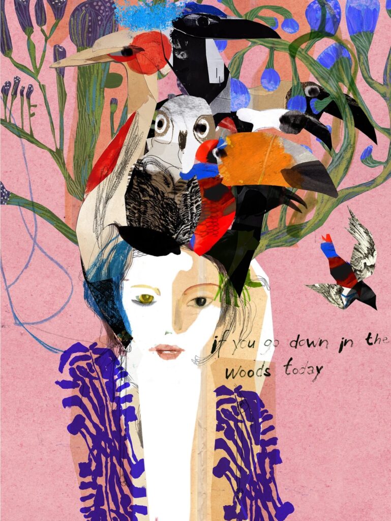 A mixed-media collage of a woman's portrait with birds and plants in her hair.