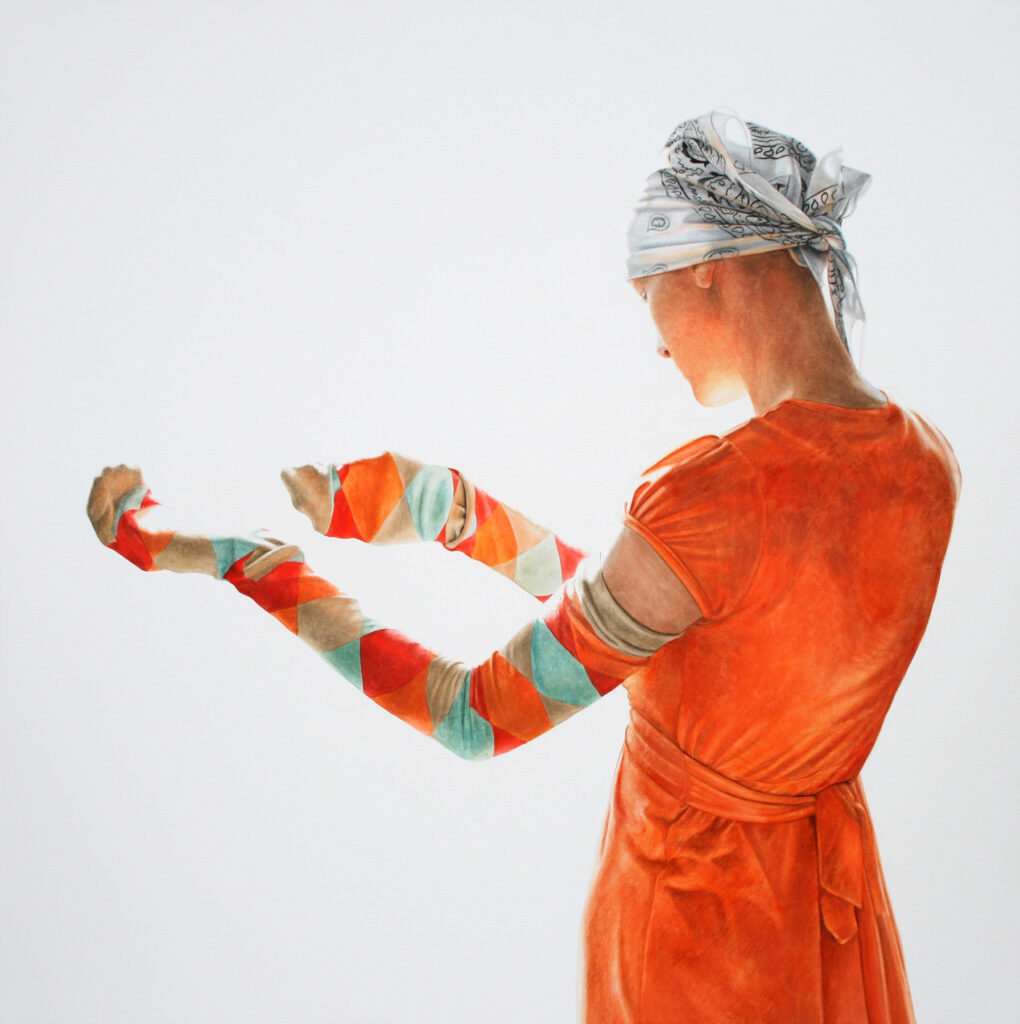 A painting of a young woman, facing away, with socks on her hands and arms. Wearing orange.