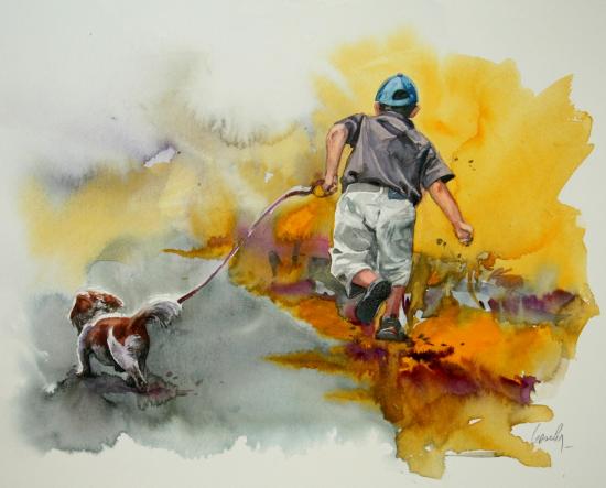 Gamin au chien (The dog kid) by Yann Lesacher in Lamballe, France.