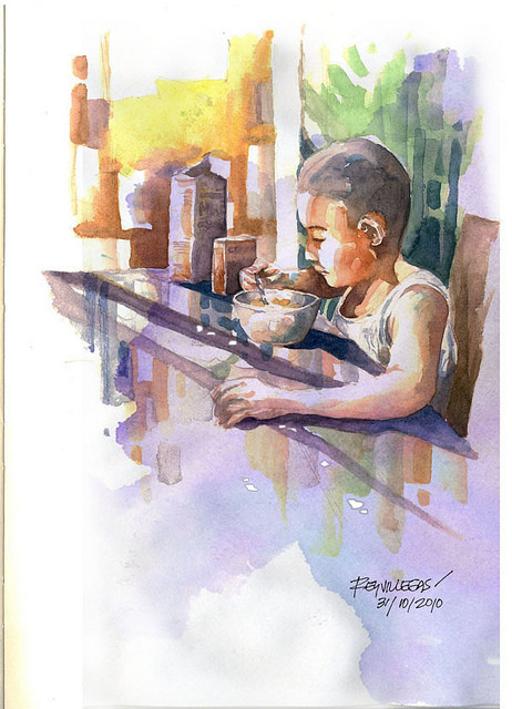 Fergus eating breakfast by Rey Villegas in Singapore.